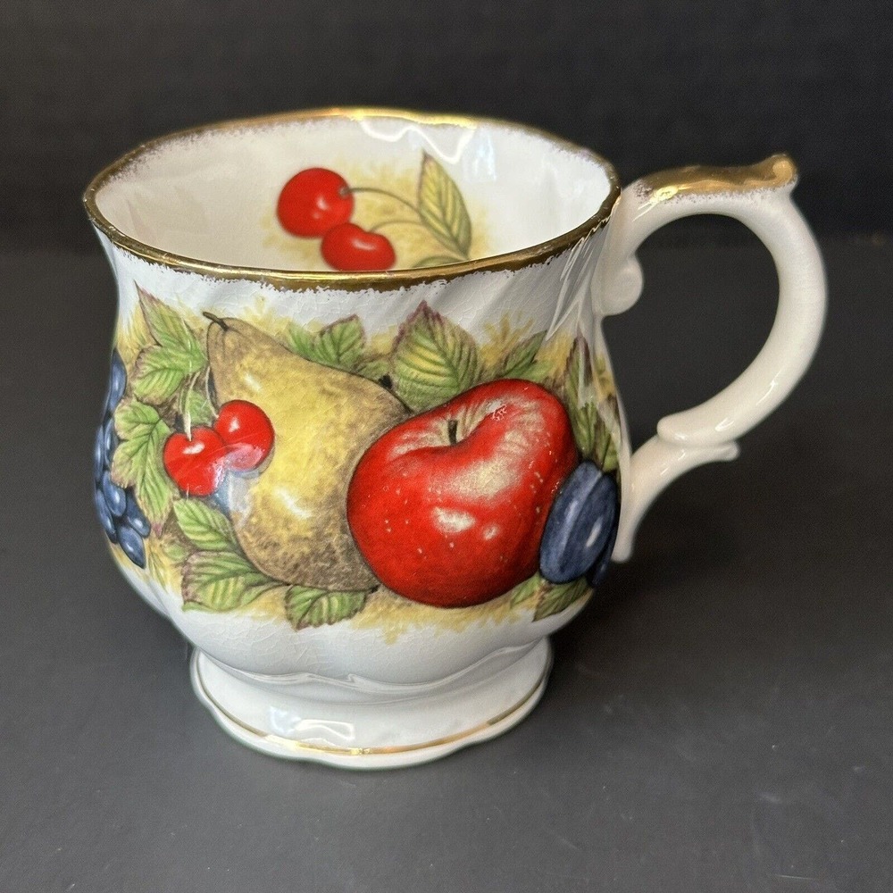 QUEEN'S Antique Fruit, Cup, Fruit On White Swirled Rim, Gold Sponged Bone